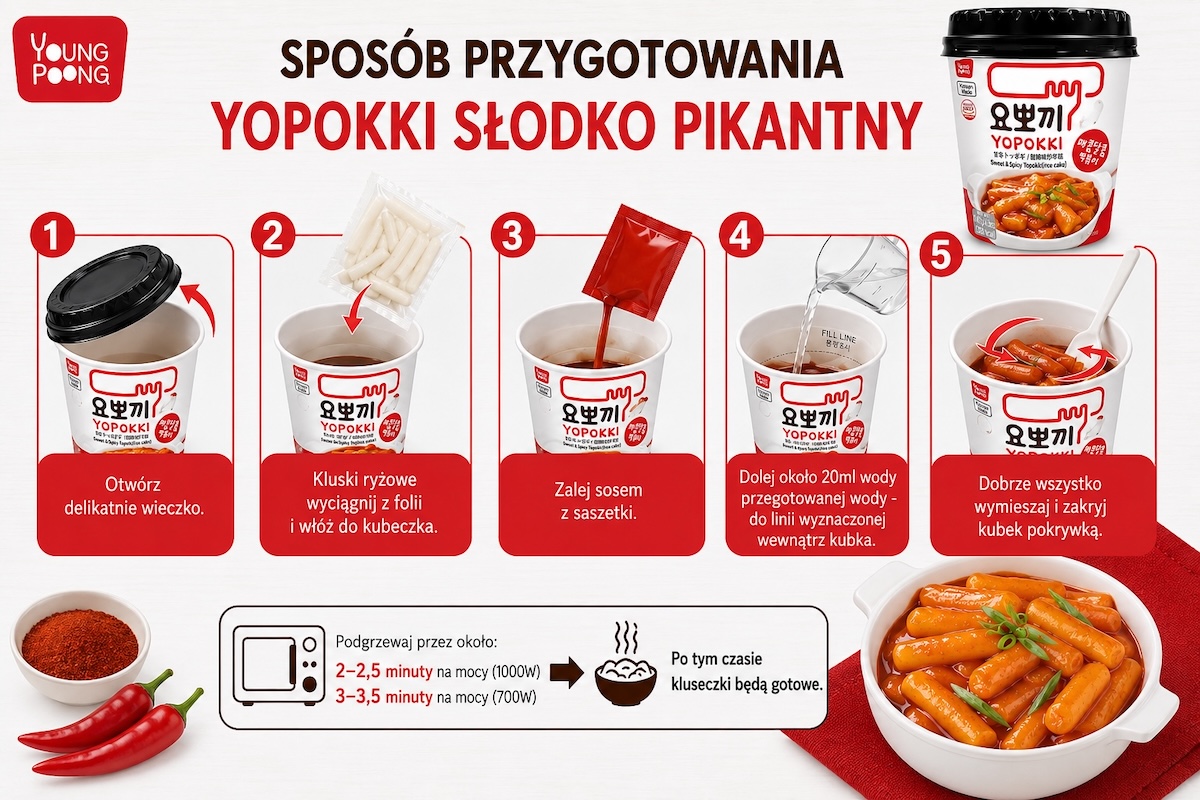 Przygotowanie: Koreańskie Kluski Ryżowe Topokki w Słodko Pikantnym Sosie YOPOKKI 140g YOUNG POONG